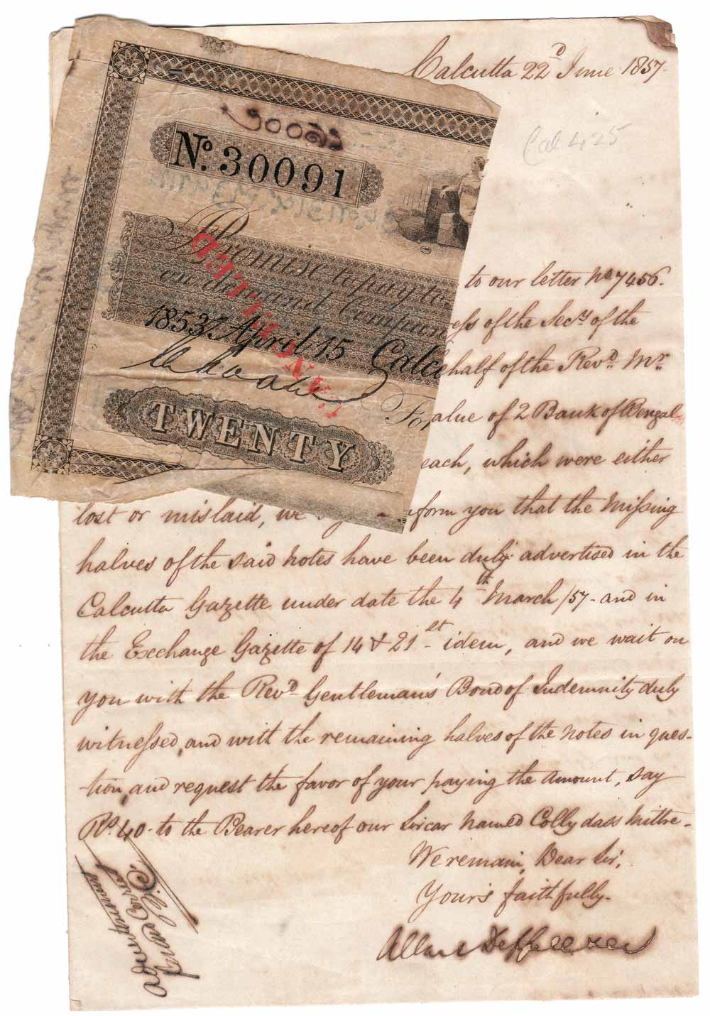 Bank of Bengal, Half Notes of Rs. 20 each (2), along with the letter by the holder to the 