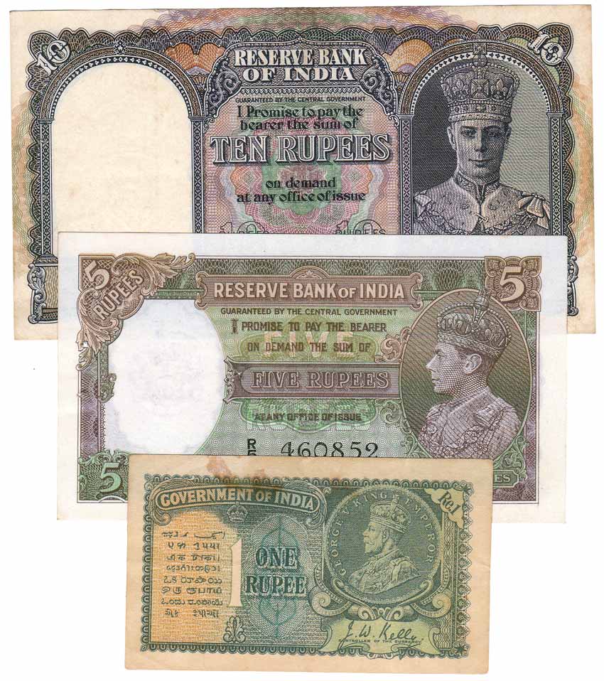Mixed lot of 14 notes: George V, Re 1 and Rs. 5; George VI, Re. 1 (1), Rs. 2 (3), Rs. 5 (3