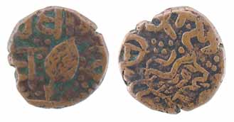 Sher Singh, Copper, Paisa, Amrtisar Mint, leaf symbol on obv and a lion jumping to right o