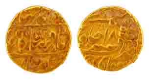Gold, Mohur, in the name of Bahadur Shah II, Sawai Jaipur Mint, AH 12xx/18, lead (jhar) sy