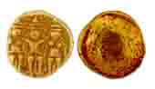 Three Svami Pagoda, Gold, three deities standing on obv, granulation on rev. Very Fine, Sc