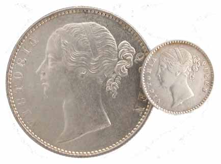 Victoria Queen, Silver, Rupee, 1840, Divided legend, WWS Raised variety in UNC; 2 Annas, 1