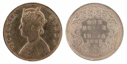 Victoria Queen, Dot Rupee, 1862, 0 Dots above and 4 Dots below, Obv B and Rev variety 1. V