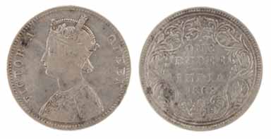 Victoria Queen, Dot Rupee, 1862, 1 Dot above and 10 Dots below, Obv A and Rev variety 2. V