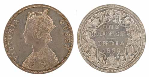 Victoria Queen, Dot Rupee, 1862, 0 Dots above and 11 Dots below, Obv A and Rev variety 2, 