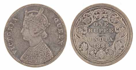 Victoria Queen, Silver, Dot Rupee, 1862, 0 Dots above and 4 Dots below, Obv Q and Rev 2 va