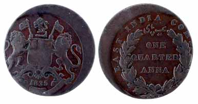 Copper, ¼ Anna, 1835. Die-error with the shifting of obv and rev dies. About Extremely Fin
