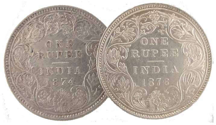 Victoria Empress, Silver (2), Rupee, 1874 and 1876. UNC, Scarce in this condition. 2 coins