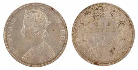Victoria Empress, Silver, Rupee, 1883, Bombay Mint, B raised and a dot below the flower on
