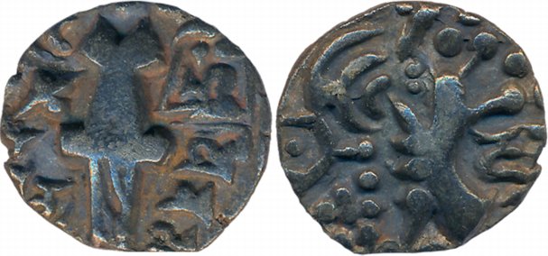 Kashmir Karkota Dynasty, Vigrahatunga, Debased Gold Dinar, 7.39g, Obv: Crude copy of Kidar