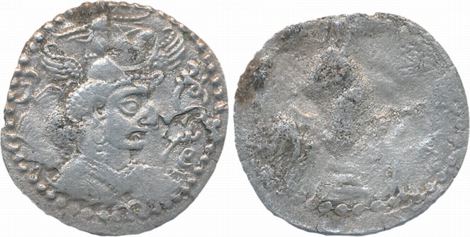Nezak Huns, Napki Malka, Billon Drachma, 2.60g, Obv: Broad-shouldered curly haired bust of
