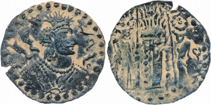 Nezak Huns, Napki Malka, Billon Drachma, 3.58g, Obv: Broad-shouldered curly haired bust of