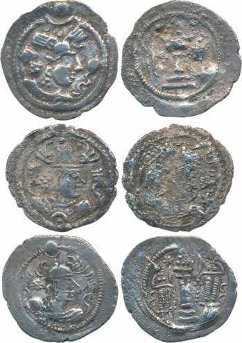 Sasanian Empire, Peroz, Silver Drachma (3), 4.03g, 3.86g, 3.71g, Obv: Bearded bust facing 