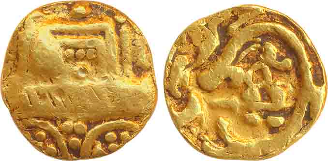 Chalukyas of Kalyan, Gold Varaha, 3.79g, Obv: Temple/ Chariot, Rev: Floral motif (Mitch# 2