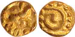 Shilaharas of Karahad- Wai/ Karhad region, Gold 1/4 Fanam, 0.13g, Obv: Garuda holding snak