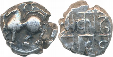 Yadavas of Devgiri, Krishna-Kanha, Silver, 0.95g, Obv: Lion to left, Rev: Devnagari legend