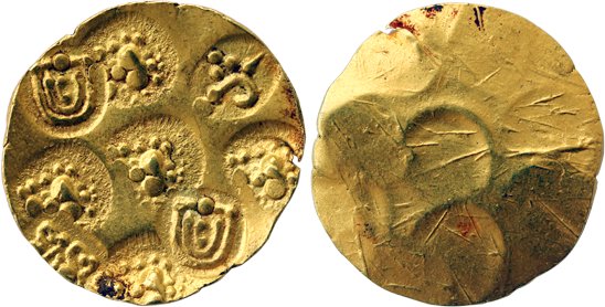Telugu Chodas of Nellore as Nolamba feudatories, Punch marked, Gold Gadyana, 3.47g, 'Bujab
