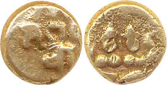 Keladi Naykas of Ikkeri, Gold Fanam, 0.38g, Obv: Shiva & Parvati seated, Rev: Devnagari le