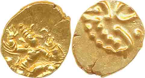 Banas of Madurai, Samarkolahan, Gold Fanam, 0.39g, Obv: Garuda running to right, Rev: Lion
