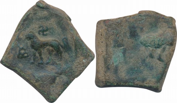 Post-Mauryun, Taxila Region, Copper, 11.25g, Obv: Lion walking to left, three arched hill 