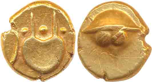 Gold Hudki Pagoda, 3.32g, uncertain symbols on both sides (G&G# BJ49). Very fine+, scarce.