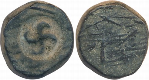 Post- Mauryan, Taxila Region, Copper, 4.83g, Uniface, Swastika incused in round (Pieper# 1