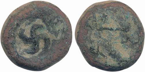 Post- Mauryan, Taxila Region, Copper, 3.82g, Uniface, Swastika incused in round (Pieper# 1