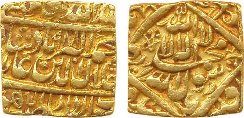 Akbar, Gold Square Mohur, 11.66g, “Kalima” type, Dar us Sultanate Lahore Mint, AH 988 (KM#