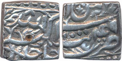 Akbar, Silver Square Rupee, 11.28g, “Jalalahu” type, Tatta Mint, Ilahi Month Bahaman, Year