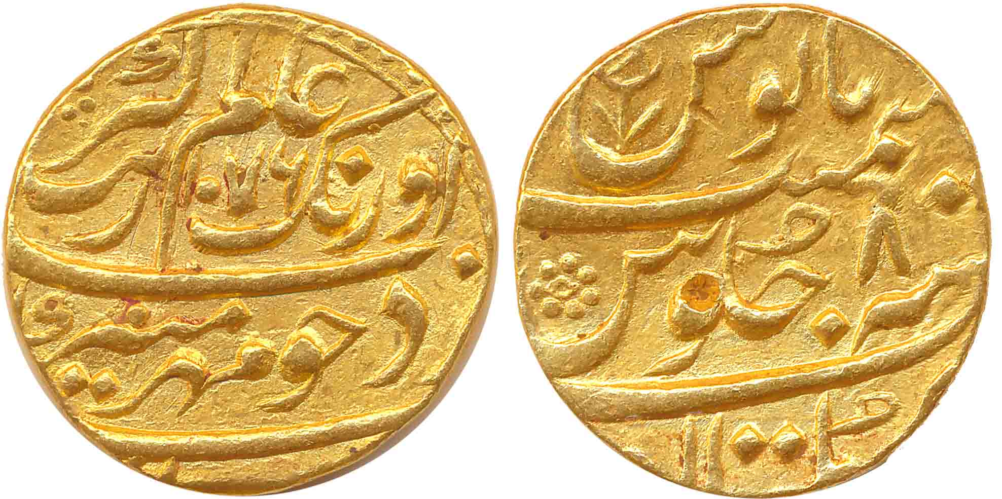 Aurangzeb, Gold Mohur, 10.94g, Multan Mint, AH 1076/ RY 8 (KM# 315.36). Very fine+, rare.