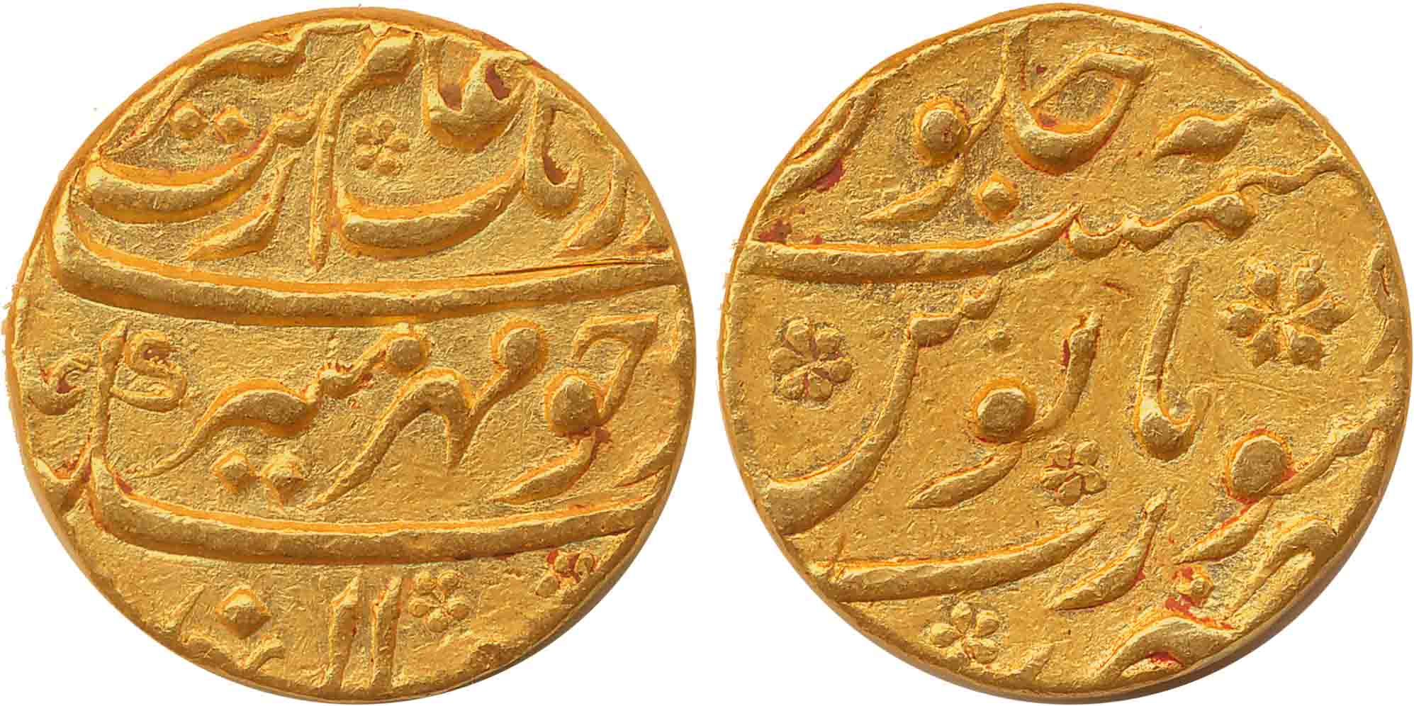 Aurangzeb, Gold Mohur, 11.02g, Surat Mint (KM# 315.45). Beautiful Jasmine flower on revers