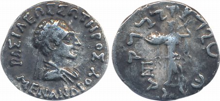 Indo Greek, Menander I, Silver Drachm, 2.25g, Obv: Diademed and draped bust of the ruler t