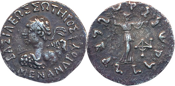 Indo Greeks, Menander I, Silver Drachma, 2.28g, Obv. Diademed bust of the ruler to left, G