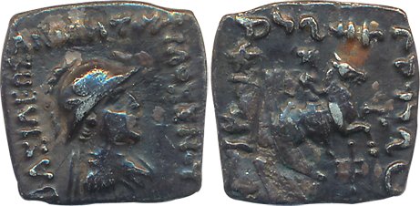 Indo-Greek, Philoxenos, Silver Drachm, 2.13g, Obv: Helmeted and diademed bust of king to r