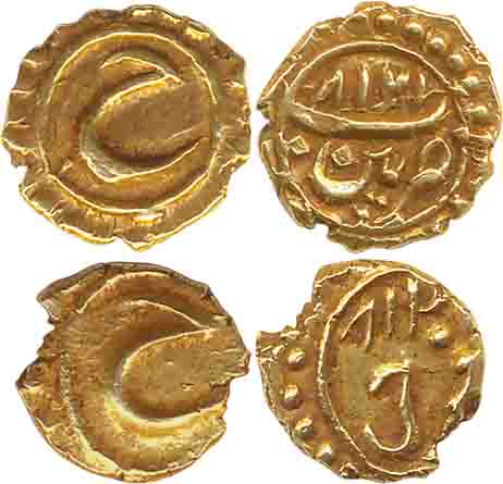 Tipu Sultan, Gold Fanam (2), 0.38g, 0.38g, Farrukhi Mint, AM 1218 (KM# 58) & Patan Mint, A