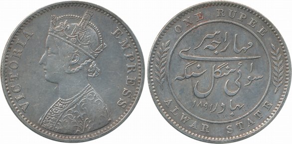 Mangal Singh, Silver Rupee, AD 1891, with the name of Victoria Empress, Obv: Crowned bust 