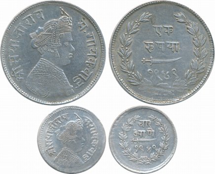 Sayaji Rao III, Silver (2), Rupee & 1/4 Rupee, VS 1949, Obv: Crown bust to right, Rev: Sci