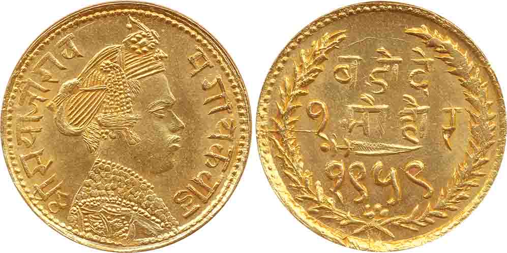 Sayaji Rao III, Gold Mohur, 6.34g, VS 1959, Obv: Crowned bust to right, Rev: Scimitar, leg