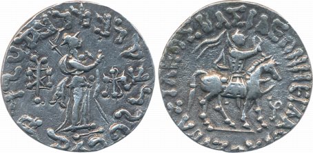 Indo-Scythian, Azes, Silver Tetradrachm, 9.91g, Obv: King mounted on horse, Greek legend B