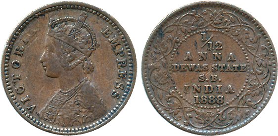 Narayan Rao, Copper 1/12 Anna, 1888, with the name of Victoria Queen, Obv: Crowned bust to
