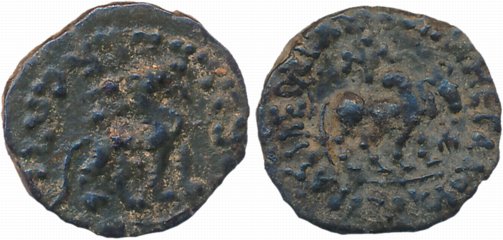 Indo-Scythians, Azes, Copper, 3.45g, Obv: Bull walking to right, Kharoshthi letter ‘Shi’ i