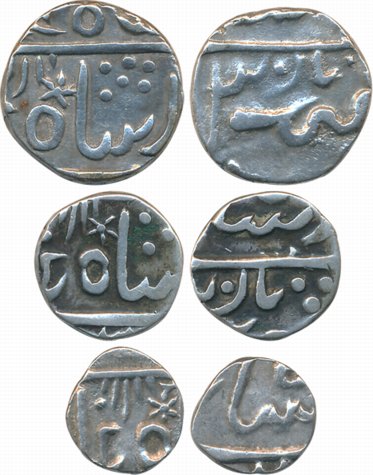Silver (3), Rupee, 1/2 Rupee & 1/4 Rupee, 10.80g, 5.30g, 2.65g, in the name of Alamgir II 
