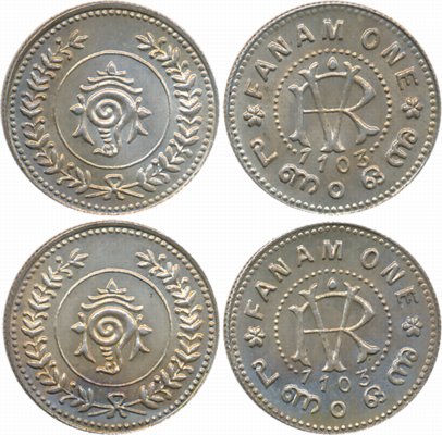 Rama Varma VI, Silver, Fanam (2), 1.54g, 1.50g, ME 1103, Obv: RV monogram, Rev: Sankha (Co