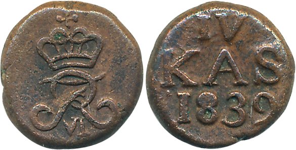 Frederik VI, Copper 4 Cash, 2.44g, 1839, Obv: Crown Monogram, Rev: Denomination & Date (KM