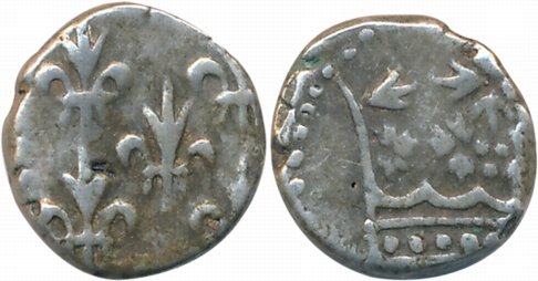 Pondicherry, Silver 2 Fanon, 2.40g, Obv: Ornamented crown, Rev: 5 fleur de lis (KM# 49). V