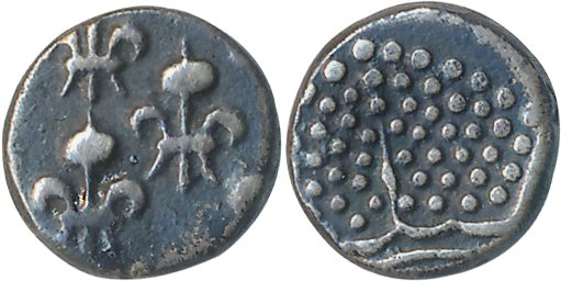 Pondicherry, Silver Fanon, 1.54g, Obv: Pearled crown, Rev: 5 fleur de lis (KM# 45). Very f