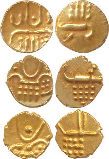Gold Fanam (3), 0.40g, 0.39g, 0.38 (KM# 7). Very fine+. 3 coins.
