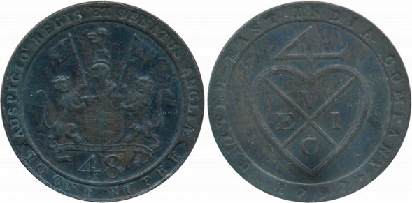 Copper 1/48 Rupee, 13.37g, 1797, Obv: Arms of E.I.Co, Rev: Bale mark & date (KM# 398). Ver