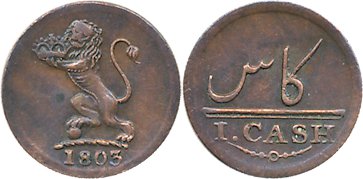 Copper 1 Cash, 0.62g, 1803, Soho Mint, Obv: E.I.Co. Crest, Lion rampant to left, Rev: Valu