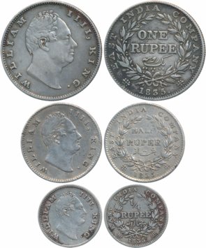 William IIII, Silver Set of 3 coins, Rupee, 1/2 Rupee & 1/4 Rupee, 1835. Very fine to very